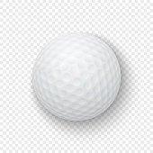 Vector realistic 3d white classic golf ball icon closeup isolated on transparency grid background. Design template for graphics, mockup. Top view