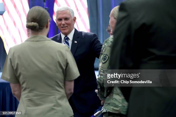 Vice President Mike Pence greets audience members after announcing the Trump Administration's plan to create the U.S. Space Force by 2020 during a...