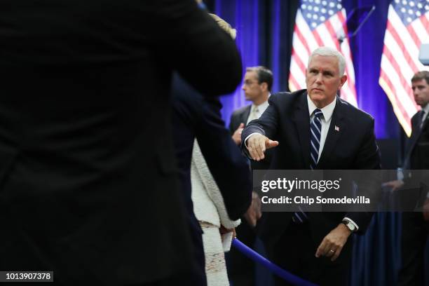 Vice President Mike Pence greets audience members after announcing the Trump Administration's plan to create the U.S. Space Force by 2020 during a...