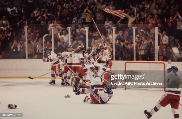 Lake Placid, NY United States team vs Russian team, competing in the Men's ice hockey tournament, the 'Miracle on Ice', at the 1980 Winter Olympics /...