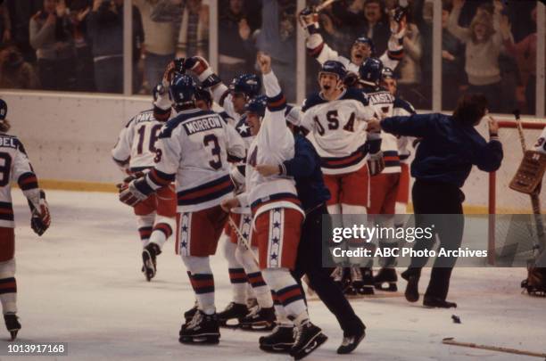 Lake Placid, NY United States team vs Russian team, competing in the Men's ice hockey tournament, the 'Miracle on Ice', at the 1980 Winter Olympics /...