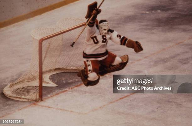 Lake Placid, NY Jim Craig, United States team vs Russian team, competing in the Men's ice hockey tournament, the 'Miracle on Ice', at the 1980 Winter...