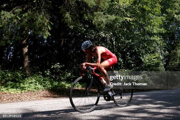 Nicola Spirig of Switzerland competes during the Women's Triathlon on Day Eight of the European Championships Glasgow 2018 at Strathclyde Country...