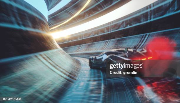 generische futuristischen sportwagen beschleunigt in die unterirdischen tunnel - video game stock-fotos und bilder