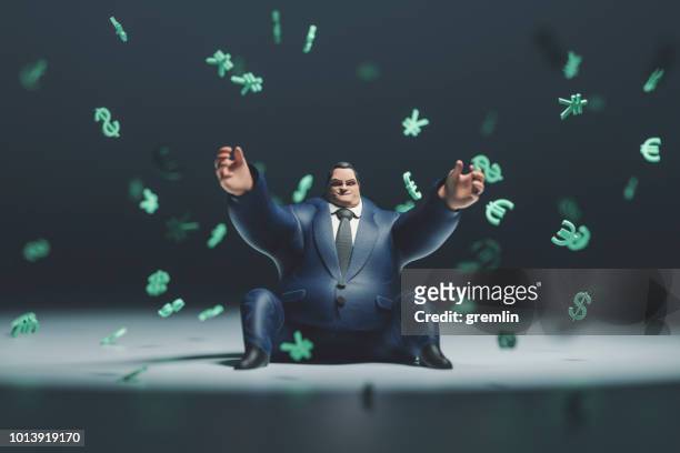 heavy rich businessman and raining currencies - capitalism stock pictures, royalty-free photos & images