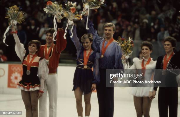 Sarajevo, Bosnia-Herzegovina Natalia Bestemianova, Andrei Bukin, Jayne Torvill, Christopher Dean, Marina Klimova, Sergei Ponomarenko, medal ceremony...