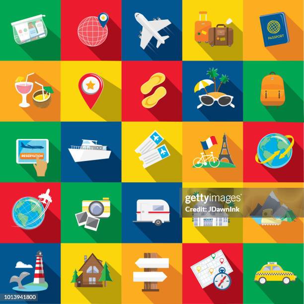 reisen und tourismus, die flache bauweise unter dem motto icon set mit schatten - caravan stock-grafiken, -clipart, -cartoons und -symbole