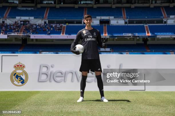 Thibaut Courtois of Real Madrid poses during his official presentation at Estadio Santiago Bernabeu on August 9, 2018 in Madrid, Spain.