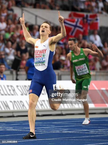 Karsten Warholm of Norway celebrates winning Gold in the Men's 400m Hurdles Final during day three of the 24th European Athletics Championships at...