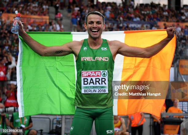 Thomas Barr of Ireland celebrates winning Bronze in the Men's 400m Hurdles Final during day three of the 24th European Athletics Championships at...