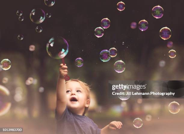 2 year old fraternal twin boy hold a bubble want and plays with floating bubbles in a park - 2 year old child imagens e fotografias de stock