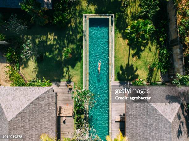 frau auf tropischen gewässern schwimmen - aerial pool stock-fotos und bilder