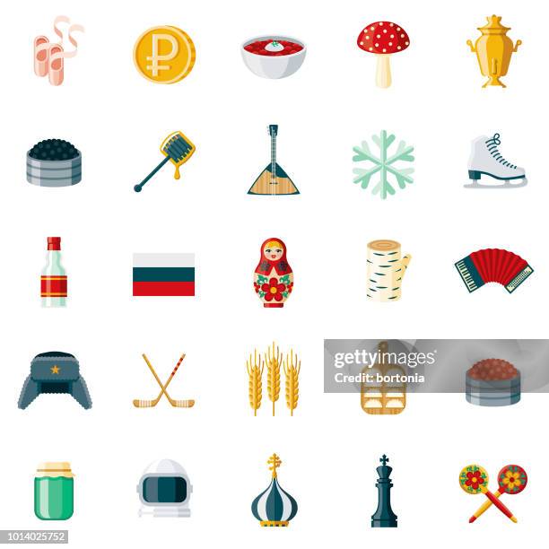 ilustraciones, imágenes clip art, dibujos animados e iconos de stock de conjunto de iconos de diseño plano de rusia - mamushka