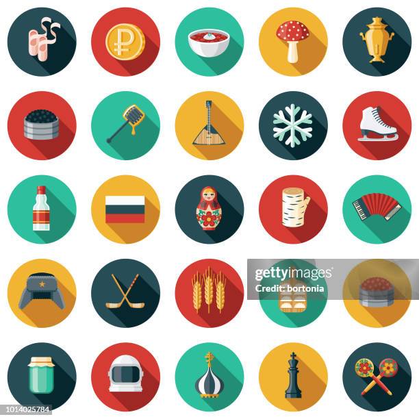 russia flat design icon set - fur hat stock illustrations