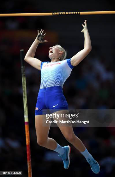 Holly Bradshaw of Great Britain competes in the Women's Pole Vault Final during day three of the 24th European Athletics Championships at...