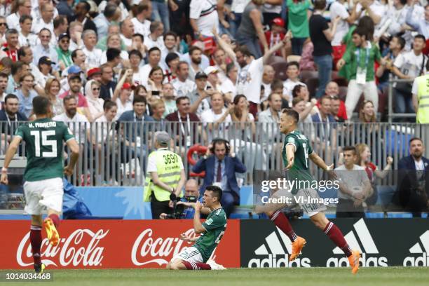 Hector Moreno of Mexico, Hirving Lozano of Mexico, Javier Hernandez of Mexico during the 2018 FIFA World Cup Russia group F match between Germany and...