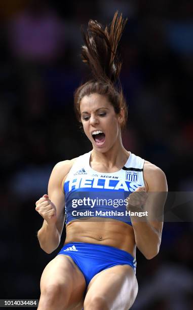 Ekaterini Stefanidi of Greece reacts as she competes in the Women's Pole Vault Final during day three of the 24th European Athletics Championships at...