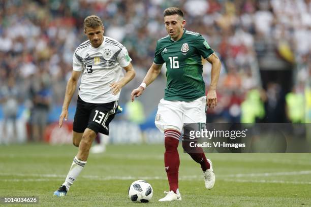 Thomas Muller of Germany, Hector Herrera of Mexico during the 2018 FIFA World Cup Russia group F match between Germany and Mexico at the Luzhniki...