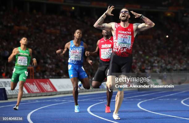 Ramil Guliyev of Turkey celebrates winning gold in the Men's 200m Final during day three of the 24th European Athletics Championships at...