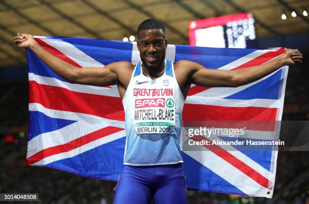 Nethaneel Mitchell-Blake of Great Britain celebrates winning Silver in the Men's 200m Final during day three of the 24th European Athletics...