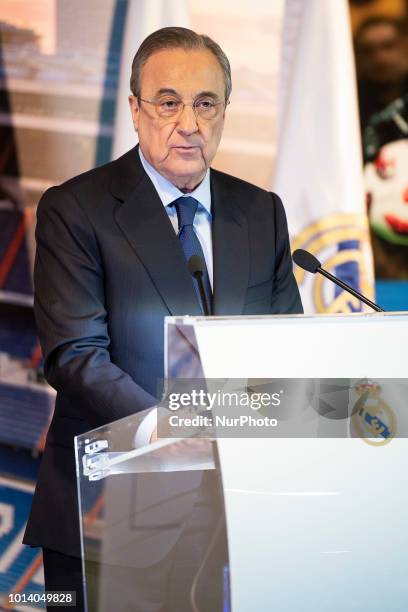 Real Madrid president Florentino Perez during Thibaut Courtois presentation as new Real Madrid Goalkeeper at Santiago Bernabéu Stadium in Madrid,...