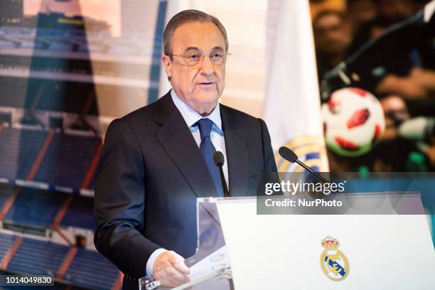 Real Madrid president Florentino Perez during Thibaut Courtois presentation as new Real Madrid Goalkeeper at Santiago Bernabéu Stadium in Madrid,...