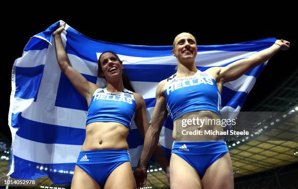 Ekaterini Stefanidi of Greece celebrates winning Gold, with Nikoleta Kiriakopoulou of Greece who celebrates winning Silver in the Women's Pole Vault...