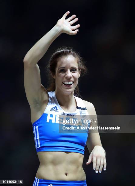 Ekaterini Stefanidi of Greece celebrates winning Gold in the Women's Pole Vault Final during day three of the 24th European Athletics Championships...