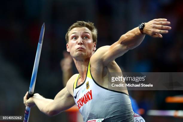 Thomas Roehler of Germany competes in the Men's Javelin Final during day three of the 24th European Athletics Championships at Olympiastadion on...