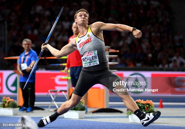 Thomas Roehler of Germany competes in the Men's Javelin Final during day three of the 24th European Athletics Championships at Olympiastadion on...