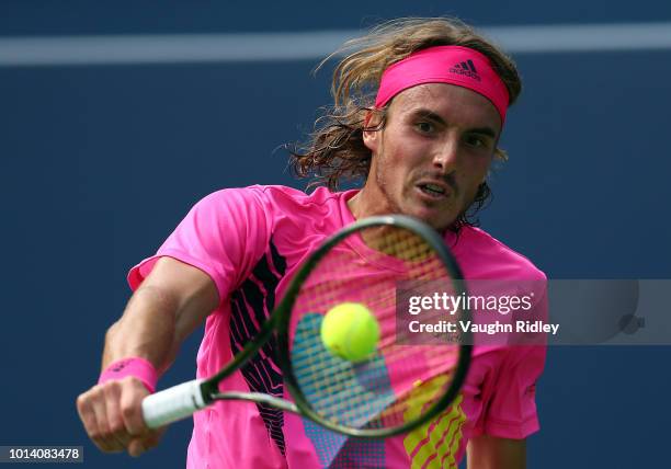 Stefanos Tsitsipas of Greece plays a shot against Novak Djokovic of Serbia during a 3rd round match on Day 4 of the Rogers Cup at Aviva Centre on...