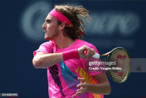 Stefanos Tsitsipas of Greece plays a shot against Novak Djokovic of Serbia during a 3rd round match on Day 4 of the Rogers Cup at Aviva Centre on...