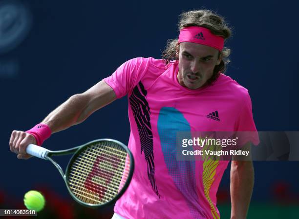 Stefanos Tsitsipas of Greece plays a shot against Novak Djokovic of Serbia during a 3rd round match on Day 4 of the Rogers Cup at Aviva Centre on...