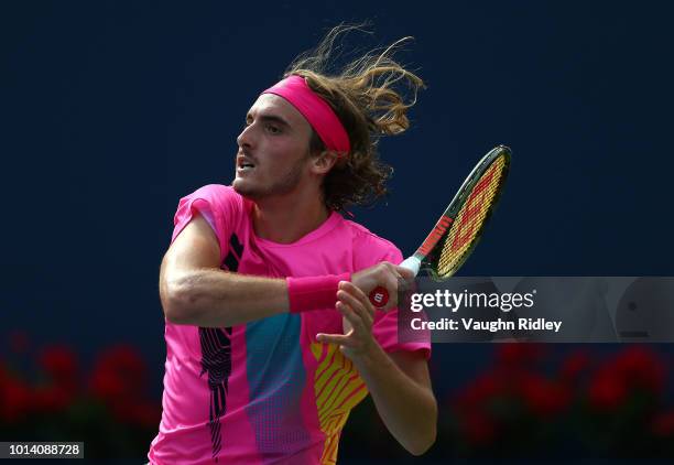 Stefanos Tsitsipas of Greece plays a shot against Novak Djokovic of Serbia during a 3rd round match on Day 4 of the Rogers Cup at Aviva Centre on...