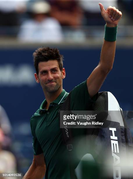 Novak Djokovic of Serbia waves to the crowd after being defeated by Stefanos Tsitsipas of Greece during a 3rd round match on Day 4 of the Rogers Cup...