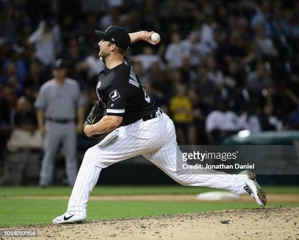 Position player Matt Davidson of the Chicago White Sox pitches the 9th inning against the New York Yankees at Guaranteed Rate Field on August 6, 2018...