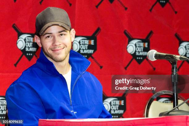 Singer-Songwriter Nick Jonas attends the Strike Out Slavery Press Conference at Angel Stadium on August 9, 2018 in Anaheim, California.