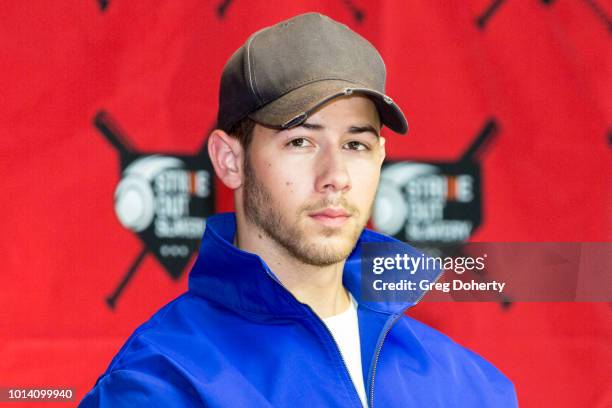 Singer-Songwriter Nick Jonas attends the Strike Out Slavery Press Conference at Angel Stadium on August 9, 2018 in Anaheim, California.