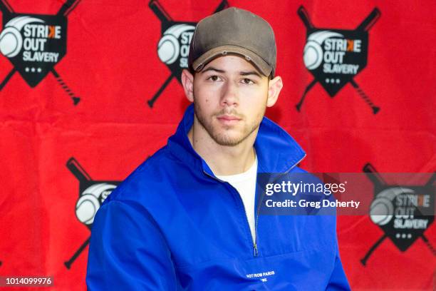 Singer-Songwriter Nick Jonas attends the Strike Out Slavery Press Conference at Angel Stadium on August 9, 2018 in Anaheim, California.