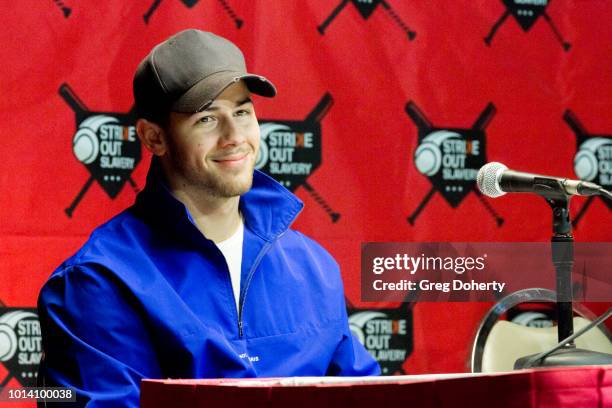 Singer-Songwriter Nick Jonas attends the Strike Out Slavery Press Conference at Angel Stadium on August 9, 2018 in Anaheim, California.