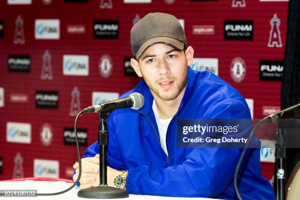 Singer-Songwriter Nick Jonas attends the Strike Out Slavery Press Conference at Angel Stadium on August 9, 2018 in Anaheim, California.