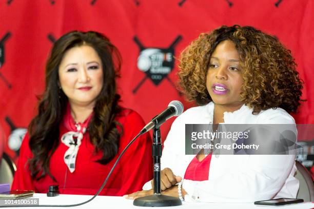 Susan Kang Schroeder and Survivor Advocate Stacy Jewell attend the Strike Out Slavery Press Conference at Angel Stadium on August 9, 2018 in Anaheim,...