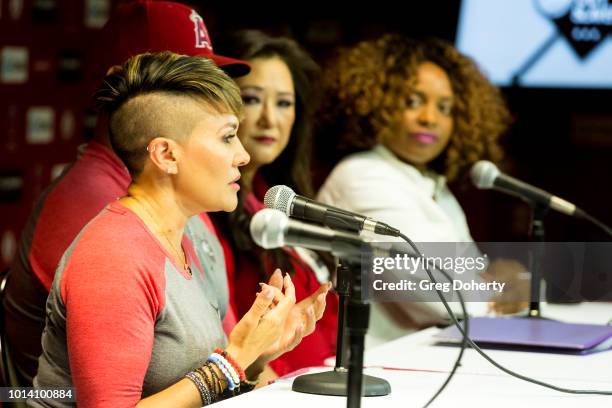 Deidre Pujols, Albert Pujols, Susan Kang Schroeder and Survivor Advocate Stacy Jewell attend the Strike Out Slavery Press Conference at Angel Stadium...