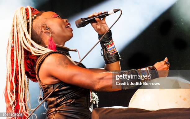 Dobet Gnahore, from Cote d'Ivoire, performs on stage at the Womad Festival 2018 at Charlton Park on July 28, 2018 in Malmesbury, England.