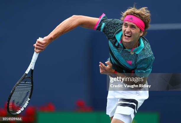 Alexander Zverev of Germany serves against Daniil Medvedev of Russia during a 3rd round match on Day 4 of the Rogers Cup at Aviva Centre on August 9,...