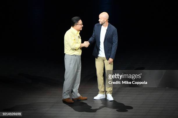 Samsung President & CEO DJ Koh and Spotify CEO Daniel Ekspeak onstage during Samsung Unpacked New York City at Barclays Center on August 9, 2018 in...