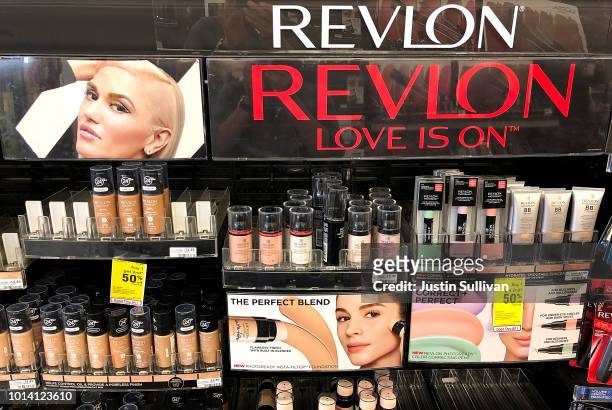 Revlon makeup products are displayed at a CVS store on August 9, 2018 in Sausalito, California. Revlon reported second quarter earnings that fell...
