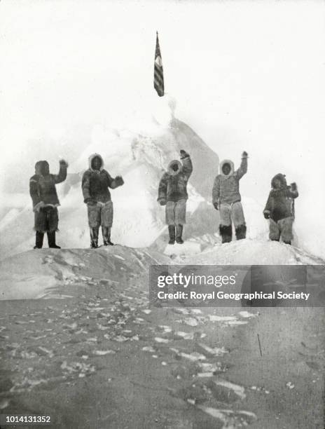 Peary at the North Pole cheering the "Stars and Stripes", 1908-1909, Arctic, April 1909.