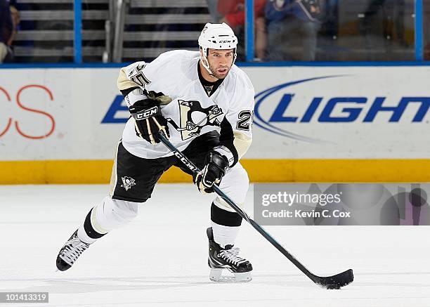 Maxime Talbot of the Pittsburgh Penguins against the Atlanta Thrashers at Philips Arena on April 10, 2010 in Atlanta, Georgia.