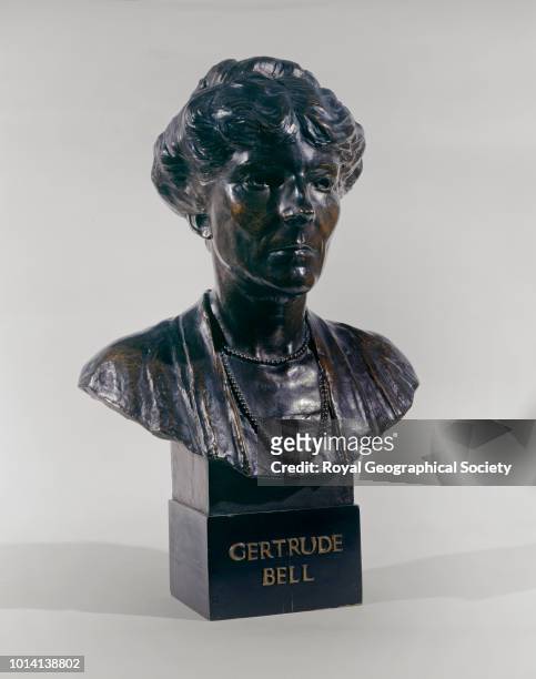 Bronze bust on plinth of Gertrude Bell , This bust was presented to the Royal Geographical Society 'by a number of ladies as a tribute to a very...